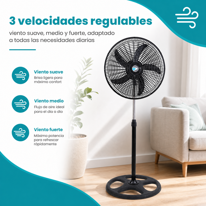Abanico de Pedestal 18" Negro 110V 50-60W con 3 Velocidades. Ventilador Altura Ajustable 57-127cm con Aspas de Plástico, Motor de Aluminio y Base de Hierro