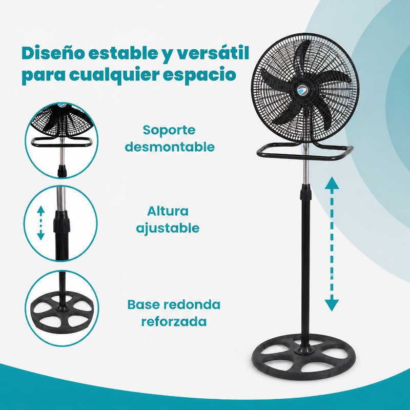 Abanico 3 en 1 de Pedestal 18" Negro 110V 50-60W con 3 Velocidades e Interruptor Desmontable. Ventilador Altura Ajustable 57-127 cm