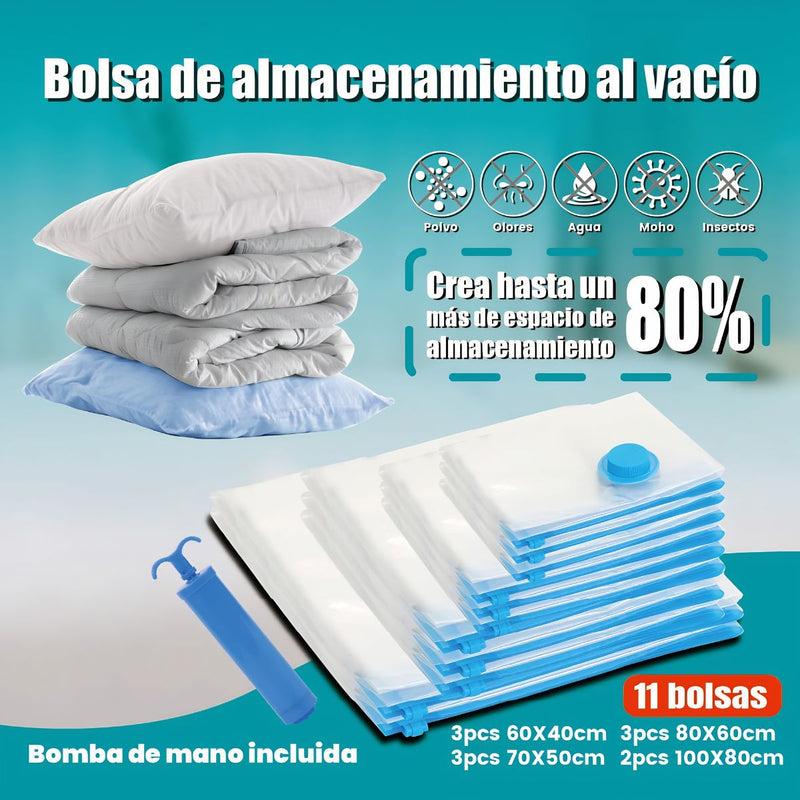 Bolsas de Almacenamiento al Vacío con Zipper Set 12 Piezas con Bomba Manual.  Tamaños 40x60 a 80x100 cm, Reutilizables, Ahorra Espacio