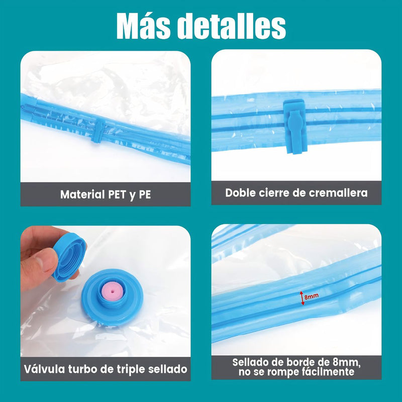 Bolsas de Almacenamiento al Vacío con Zipper Set 12 Piezas con Bomba Manual.  Tamaños 40x60 a 80x100 cm, Reutilizables, Ahorra Espacio