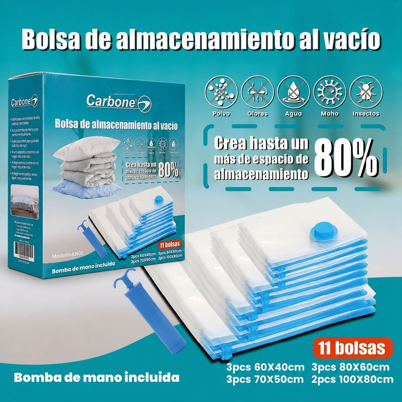 Bolsas de Almacenamiento al Vacío con Zipper Set 12 Piezas con Bomba Manual.  Tamaños 40x60 a 80x100 cm, Reutilizables, Ahorra Espacio
