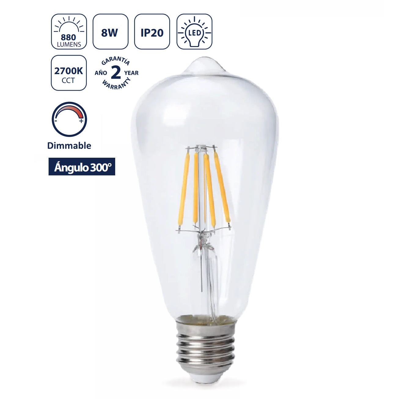 Bombillo Filamento LED ST64 8W 2700K Luz Cálida - Estilo Retro/Vintage, Rosca Gruesa E27, 880lm, Regulable. Foco