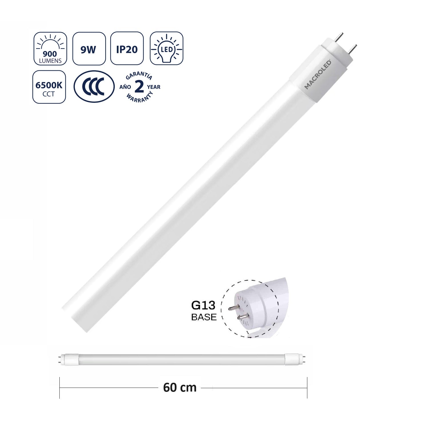 Tubo LED T18 9W 6500K Luz Fría, 900lm, Base G13 Ahorro Energético y Luminosidad Homogénea, 598x26 mm