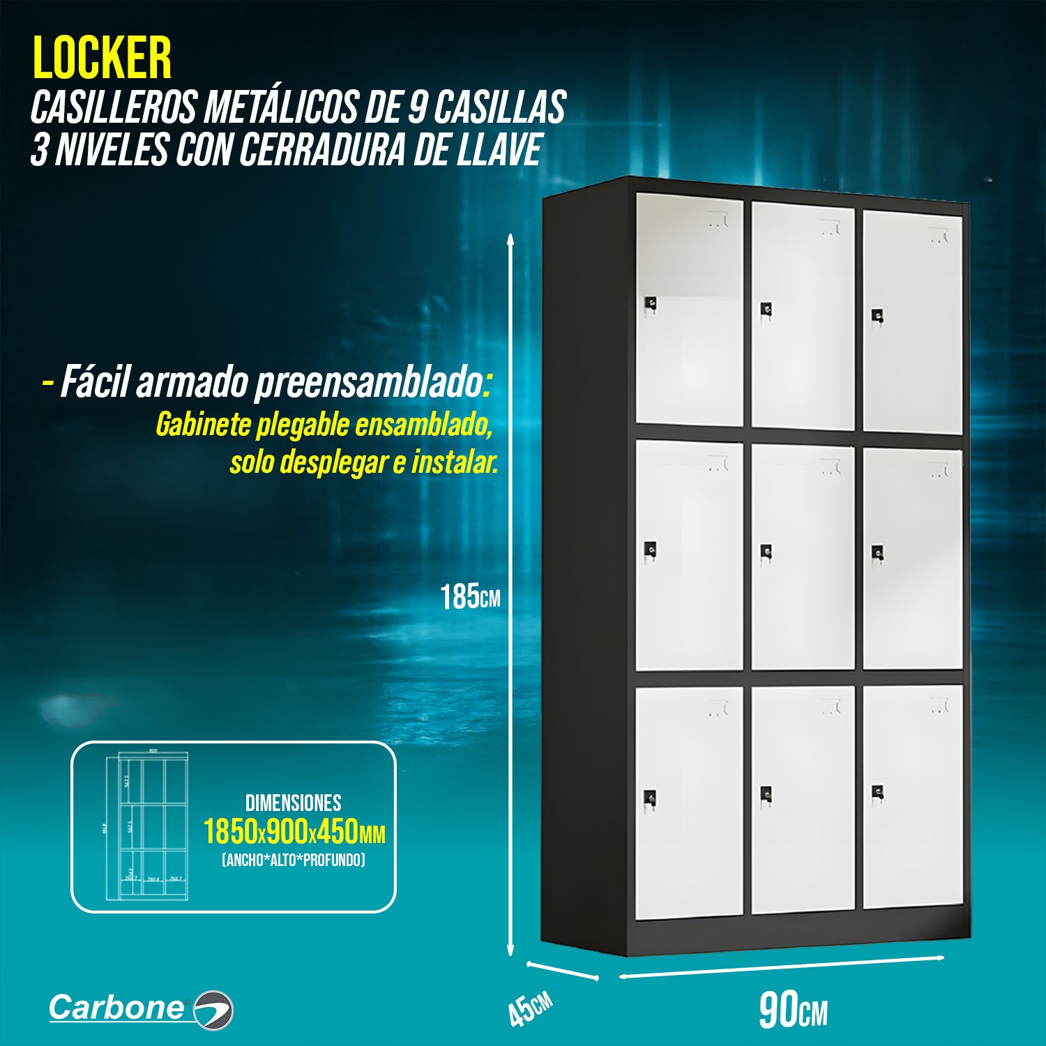 Locker Casilleros metálicos de 9 casillas 3 niveles con cerradura de llave 1850x900x450mm
