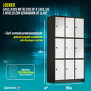 Locker Casilleros metálicos de 9 casillas 3 niveles con cerradura de llave 1850x900x450mm