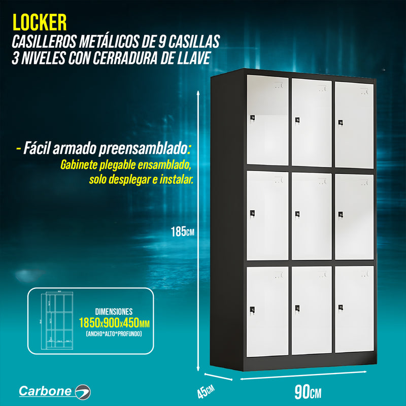 Locker Casilleros metálicos de 9 casillas 3 niveles con cerradura de llave 1850x900x450mm