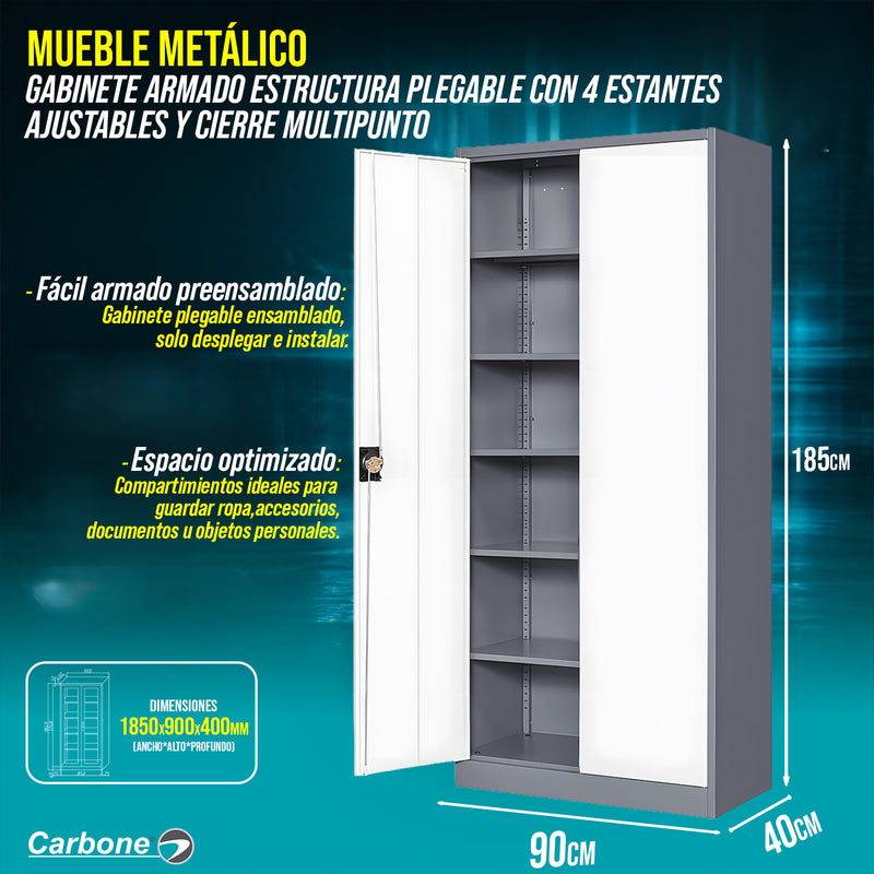 Mueble metalico Gabinete armado estructura plegable con 4 estantes ajustables y cierre multipunto 1850x900x400mm
