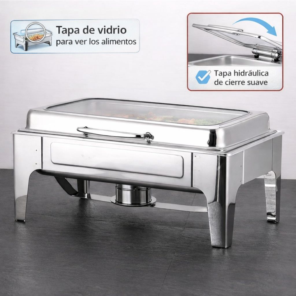 Chafing Dish Rectangular De Acero Inoxidable Con Tapa hidraulica cierre suave De Vidrio 22x14x11" De 1 Compartimiento Calentamiento Por Alcohol Para Hoteles, Restaurantes, Buffets, Catering.