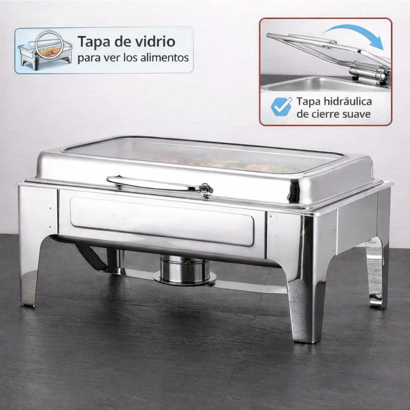 Chafing Dish Rectangular De Acero Inoxidable Con Tapa hidraulica cierre suave De Vidrio 22x14x11" De 1 Compartimiento Calentamiento Por Alcohol Para Hoteles, Restaurantes, Buffets, Catering.