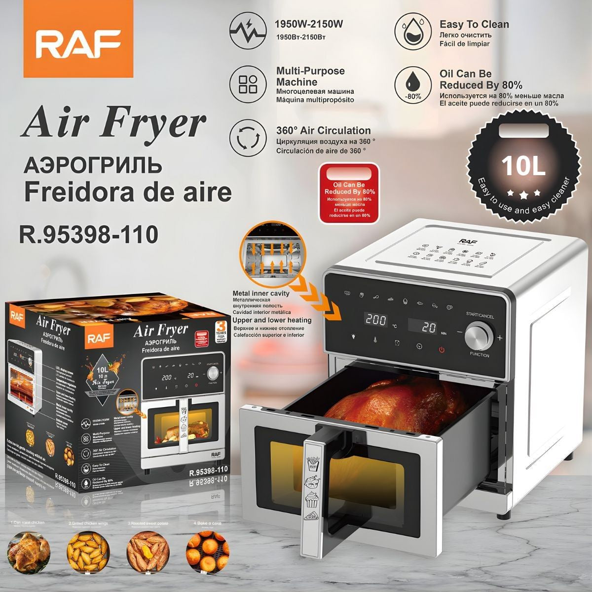 Freidora de Aire 10L. Air Fryer Digital Multifuncional 110V 2000W. Calentamiento Superior e Inferior.