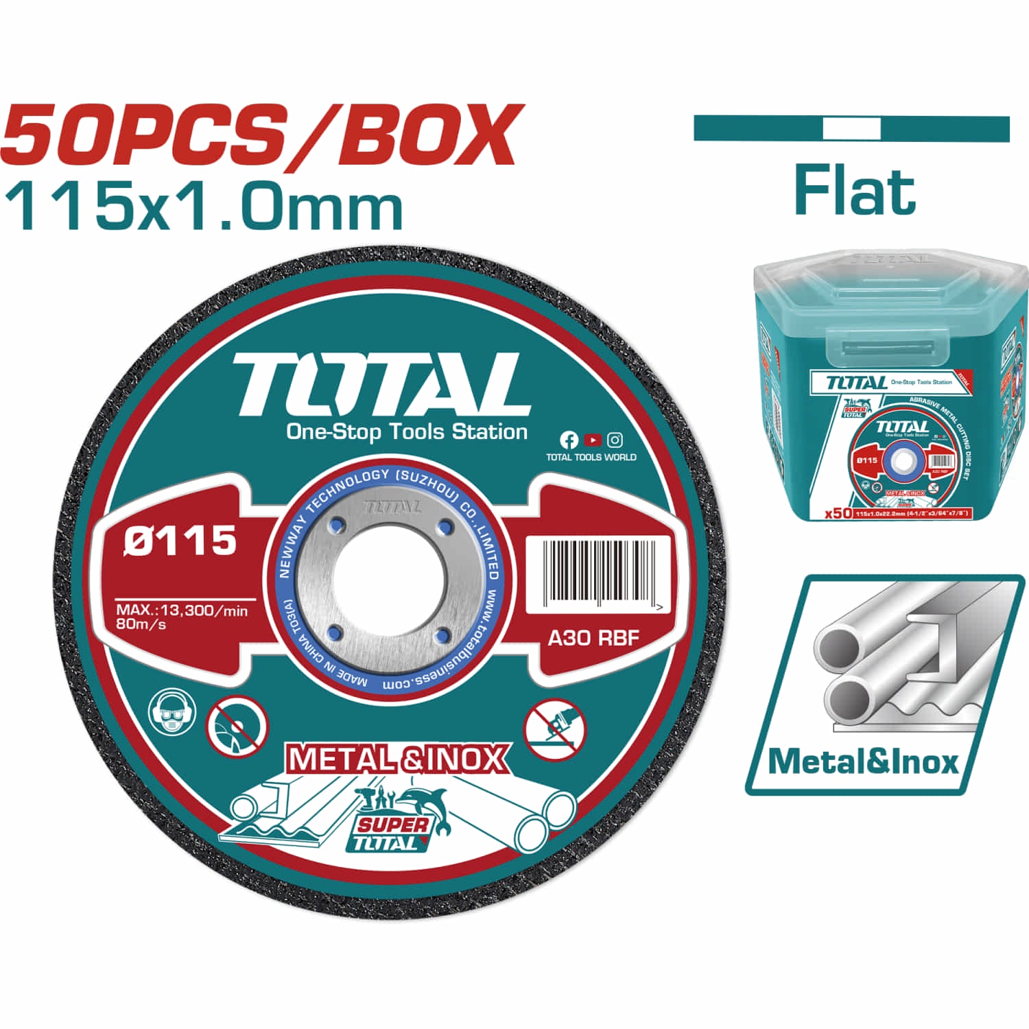 Discos de Corte de Metal e Inoxidable 4 1/2" x 3/64" x 7/8" Centro Plano (Caja de 50 pzas)