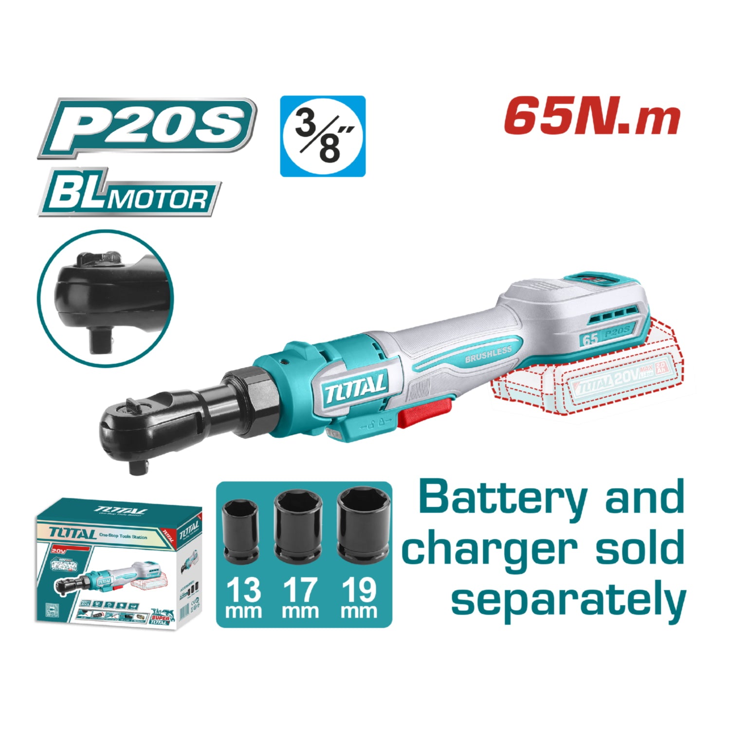 Ratchet Inalámbrico 20V de 3/8" 65Nm 0-350rpm Incluye 3 llaves. Batería y cargador por separado.
