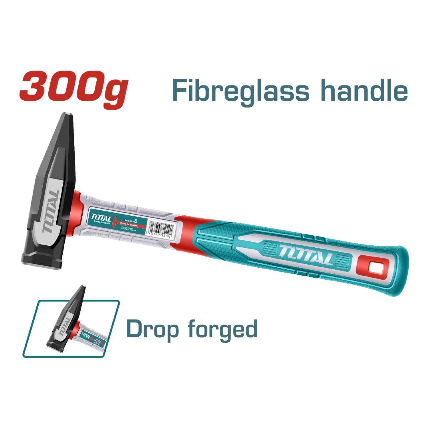 Martillo Forjado 300G Tratamiento Térmico, Acero #45 Mango Fibra Vidri