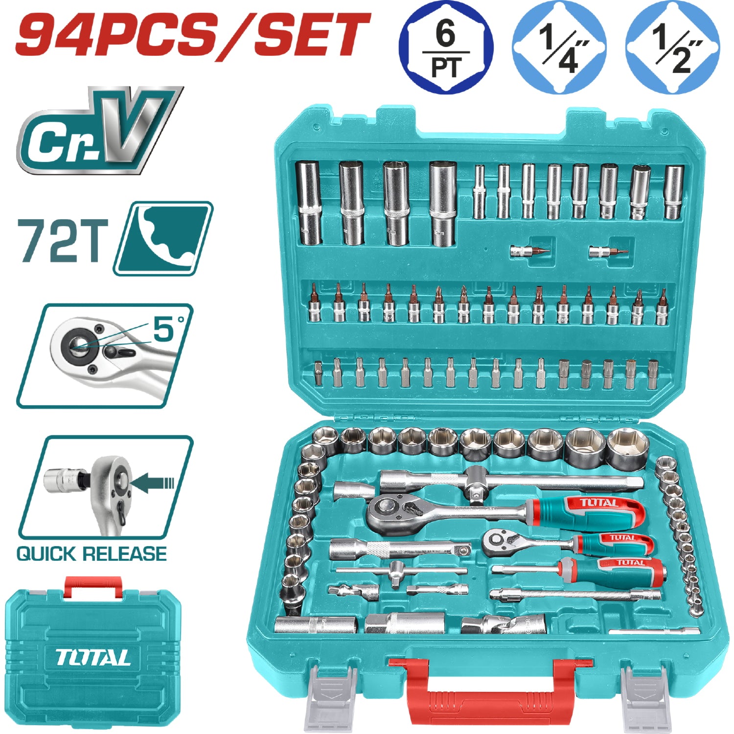 Dados Socket Ratchet Mango Kit 1/4" y 1/2" Cr-V 72T. Set 94 piezas variadas.