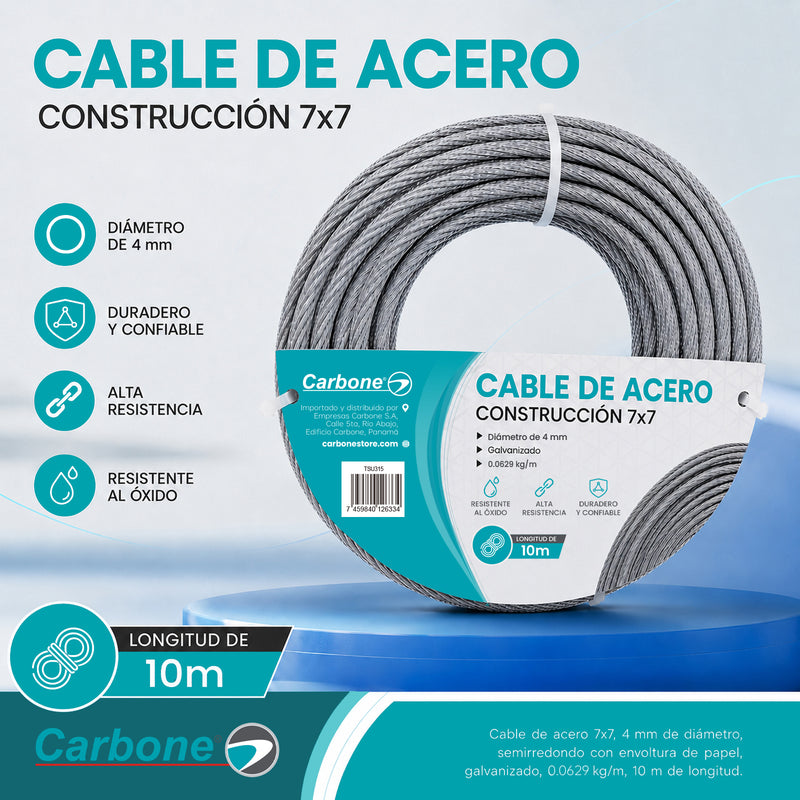 Guaya Cable De Acero Galvanizado 7x7 Alta Resistencia de 0.0629kg/m  Para Amarre Y Sujeción (4mmx10m)