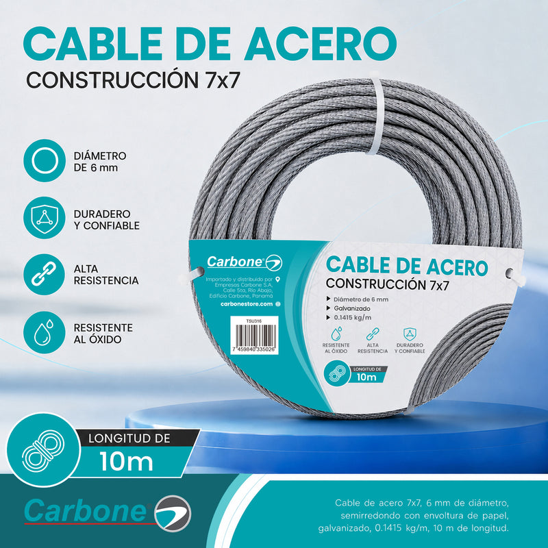 Guaya Cable De Acero Galvanizado 7x7 Alta Resistencia de 0.1415kg/m  Para Amarre Y Sujeción (6mmx10m)