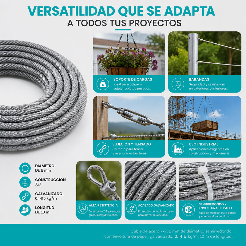 Guaya Cable De Acero Galvanizado 7x7 Alta Resistencia de 0.1415kg/m  Para Amarre Y Sujeción (6mmx10m)