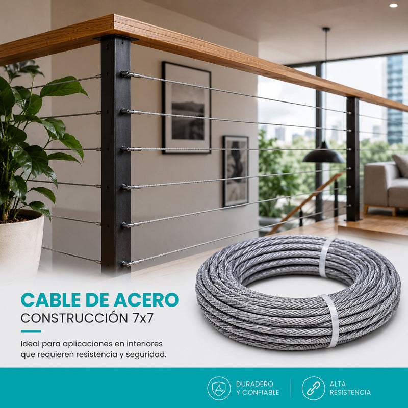 Guaya Cable De Acero Galvanizado 7x7 Alta Resistencia de 0.1415 kg/m  Para Amarre Y Sujeción (6mmx20m)