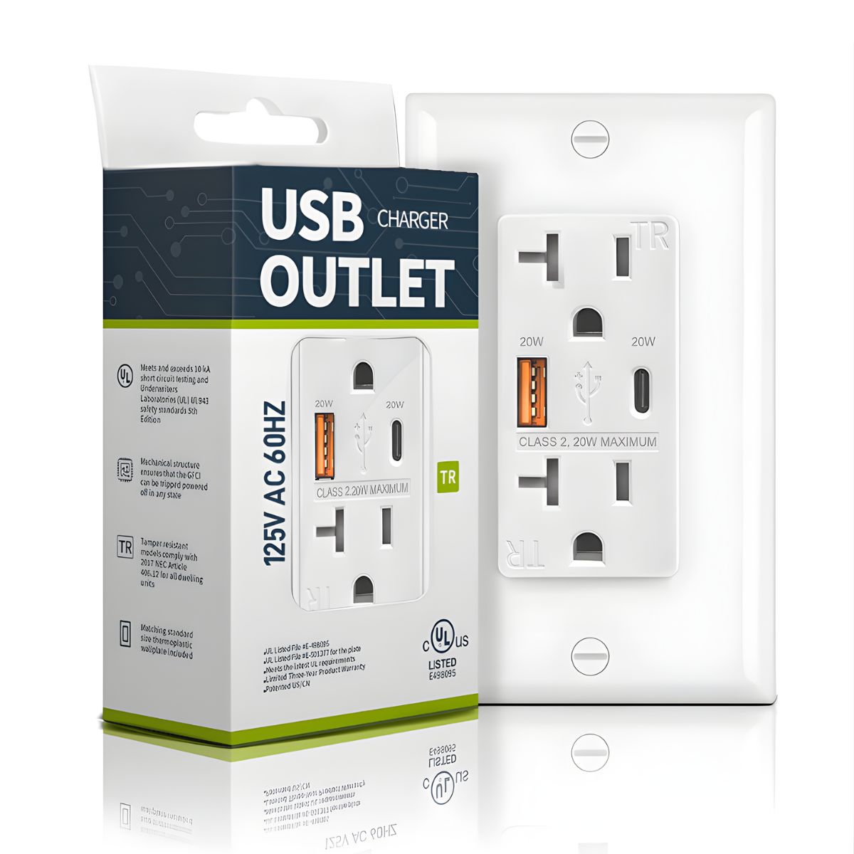 Tomacorriente Doble De Pared 20Amp Con USB Y USB-C 20W. Enchufe 125V AC Con Carga Rápida Para Dispositivos Electrónicos y Protección TR. FTR20QC AC20W. UL listed