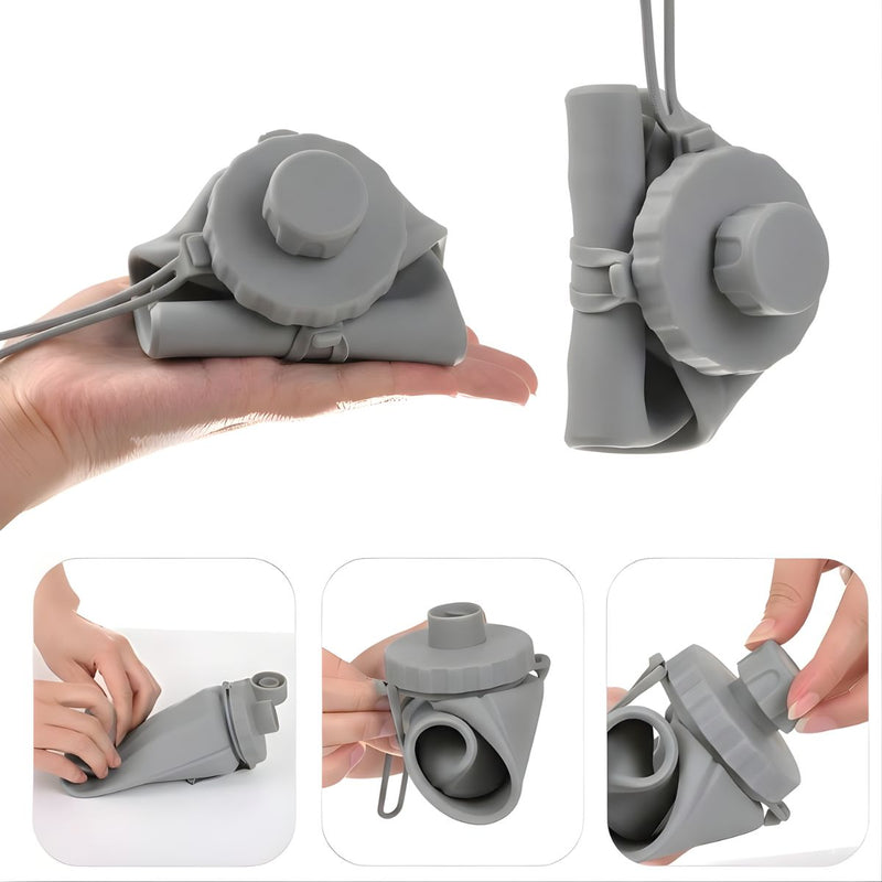 Botella de agua plegable de silicona 600ml. Termo portátil. Diseño flexible compactable. BPA Free. Color gris.