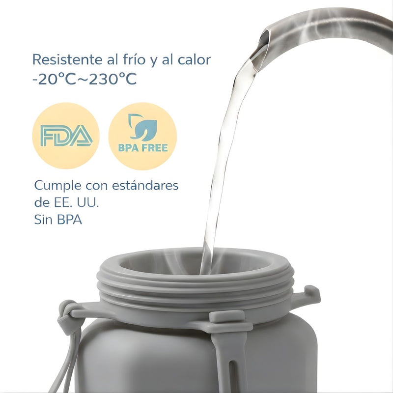 Botella de agua plegable de silicona 600ml. Termo portátil. Diseño flexible compactable. BPA Free. Color gris.