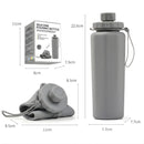Botella de agua plegable de silicona 600ml. Termo portátil. Diseño flexible compactable. BPA Free. Color gris.