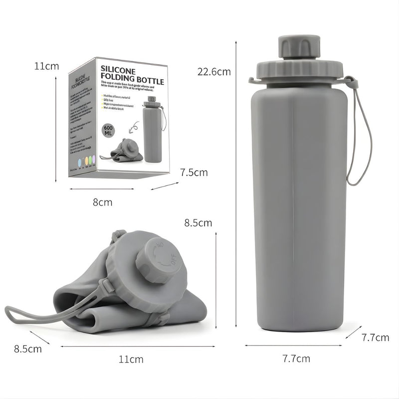 Botella de agua plegable de silicona 600ml. Termo portátil. Diseño flexible compactable. BPA Free. Color gris.