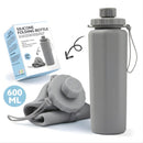 Botella de agua plegable de silicona 600ml. Termo portátil. Diseño flexible compactable. BPA Free. Color gris.