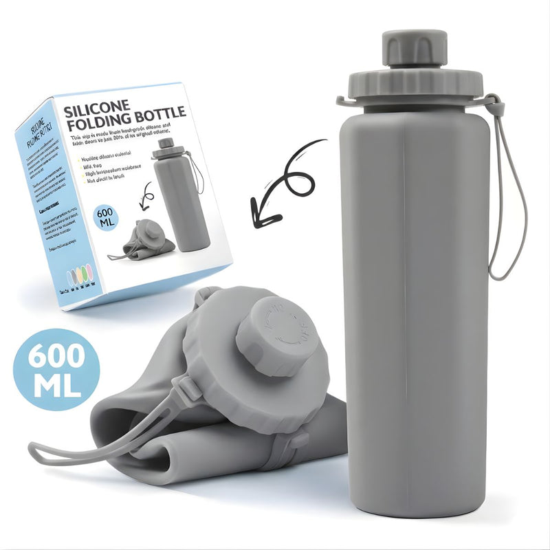 Botella de agua plegable de silicona 600ml. Termo portátil. Diseño flexible compactable. BPA Free. Color gris.