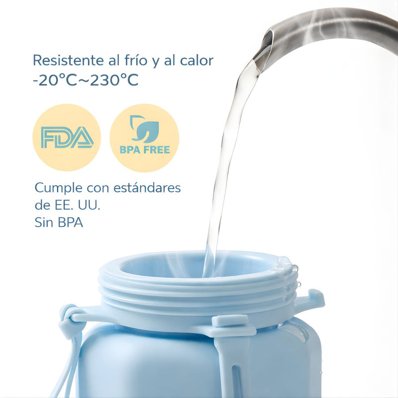 Botella de agua plegable de silicona 600ml. Termo portátil. Diseño flexible compactable. BPA Free. Color celeste.