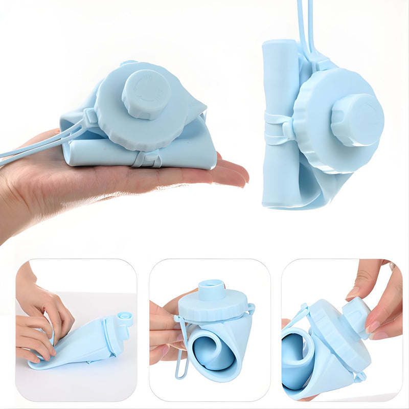 Botella de agua plegable de silicona 600ml. Termo portátil. Diseño flexible compactable. BPA Free. Color celeste.