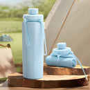 Botella de agua plegable de silicona 600ml. Termo portátil. Diseño flexible compactable. BPA Free. Color celeste.