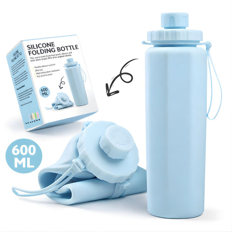 Botella de agua plegable de silicona 600ml. Termo portátil. Diseño flexible compactable. BPA Free. Color celeste.