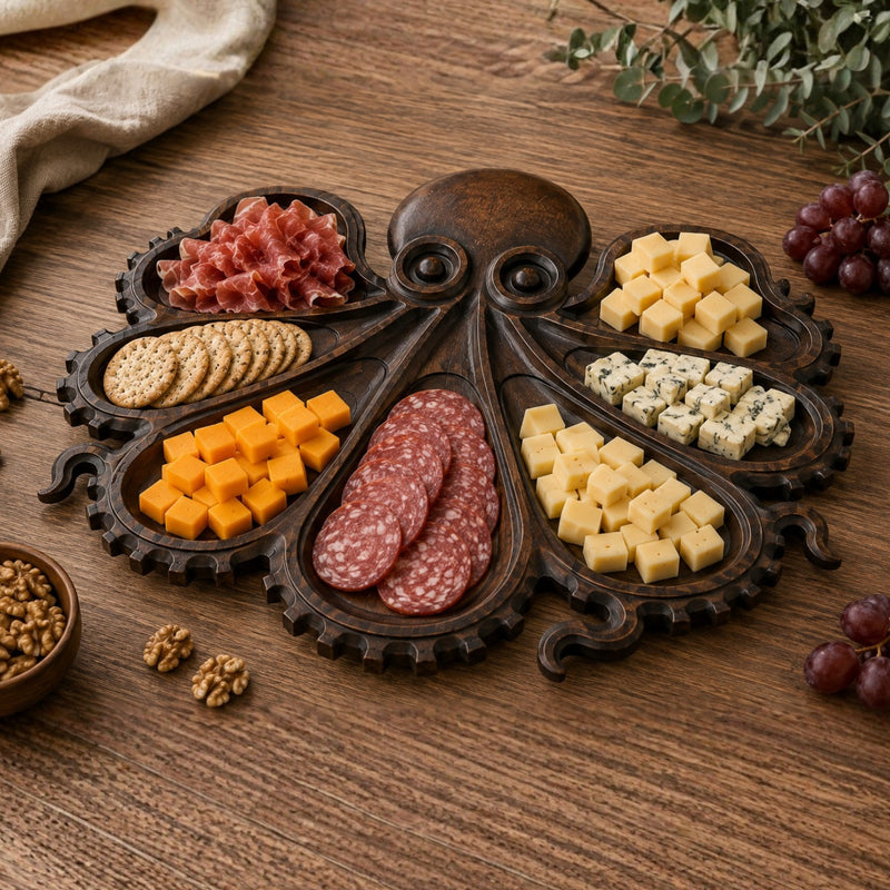 Bandeja De Charcutería Con Diseño De Pulpo. Plato Dividido Para Snacks. Organizador De Aperitivos Decorativo (30.5x28.5cm).