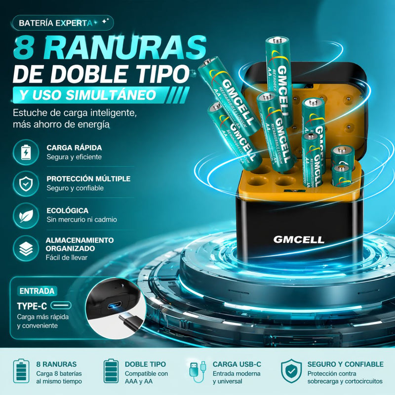 Cargador de Baterías recargables AA AAA 8 Ranuras. Cargador de Pilas Híbrido para Pilas con Entrada USBC 5V. (No incluye baterias)