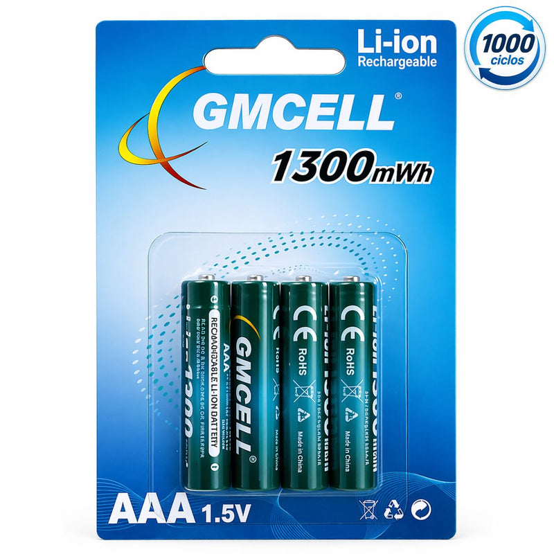 Pilas Recargables AAA 1.5V 1300mWh Li-ion Pack 4 Unidades. Baterías de Alto Rendimiento hasta 1000 Recargas.