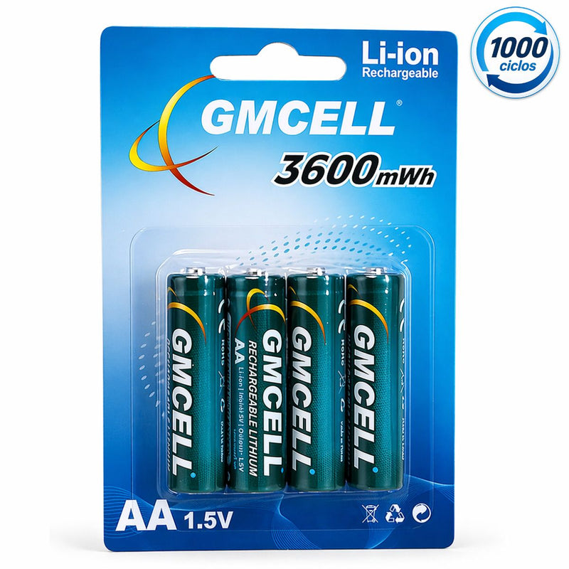 Pilas Recargables AA 1.5V 3600mWh Li-ion Pack 4 Unidades. Baterías de Alto Rendimiento hasta 1000 Recargas.