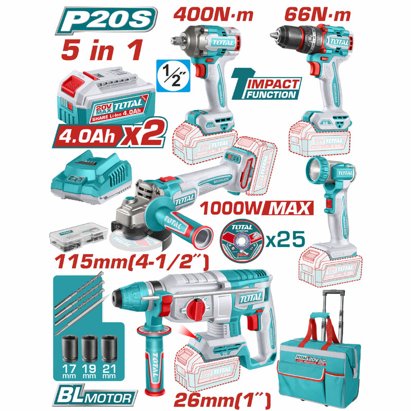Super Combo del Mes Total 20V Taladro de impacto 66 Nm Llave de Impacto 400 Nm Martillo Perforador  2,5 J Amoladora Angular 1000W  Lámpara 5W COMBOS POCAS UNIDADES
