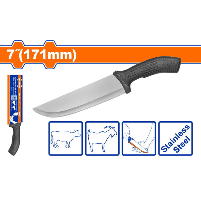 "Cuchillo de carnicero  Butcher knife
Length:7''(171mm)
Blade Material: Stainless Steel(3Cr14)
Handle mterial:PP
Packed by paper card"