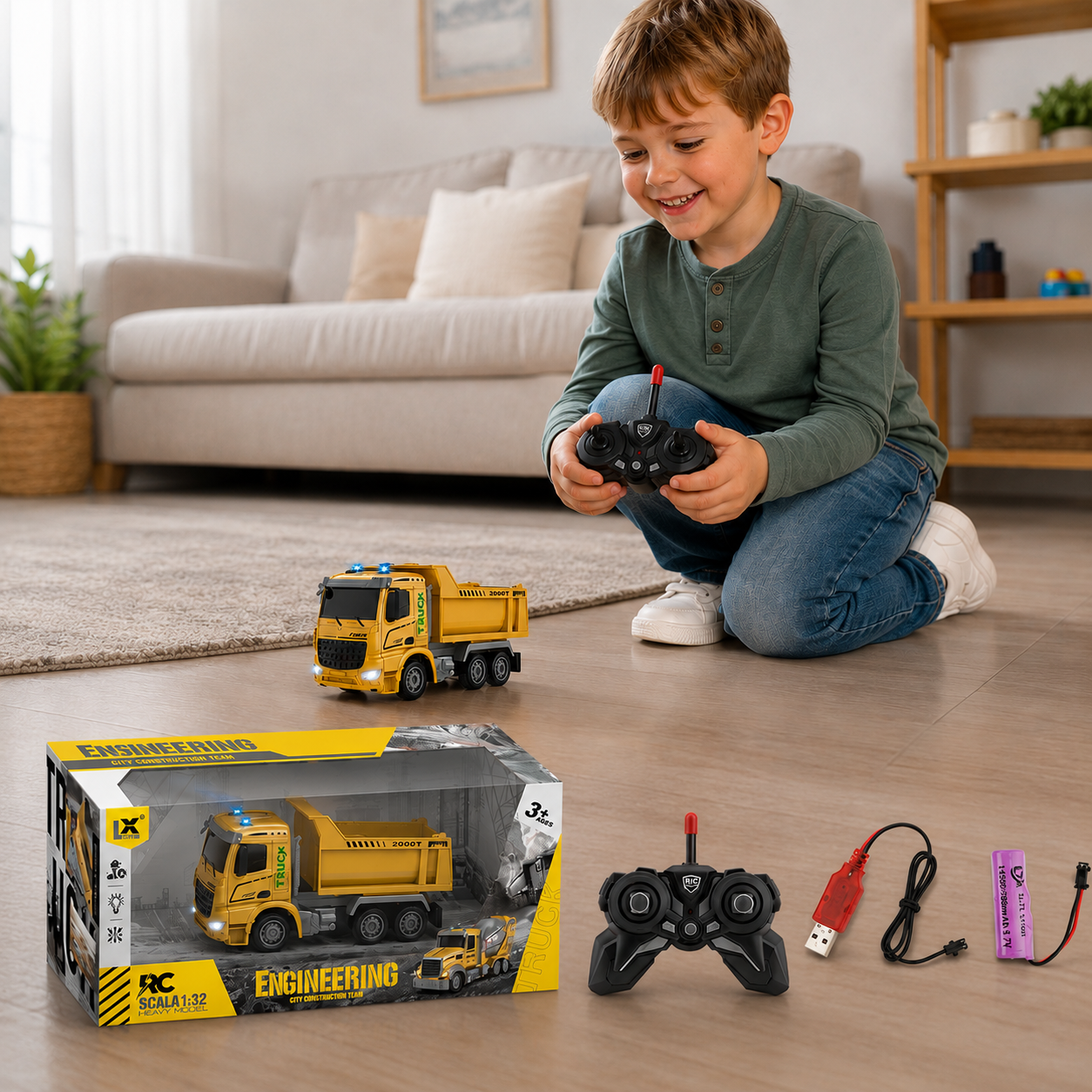 Juguete Camión Volquete a Escala 1:24 con Control Remoto y Luces LED. Carro de Construcción para Niños (24×9×12.5cm)
