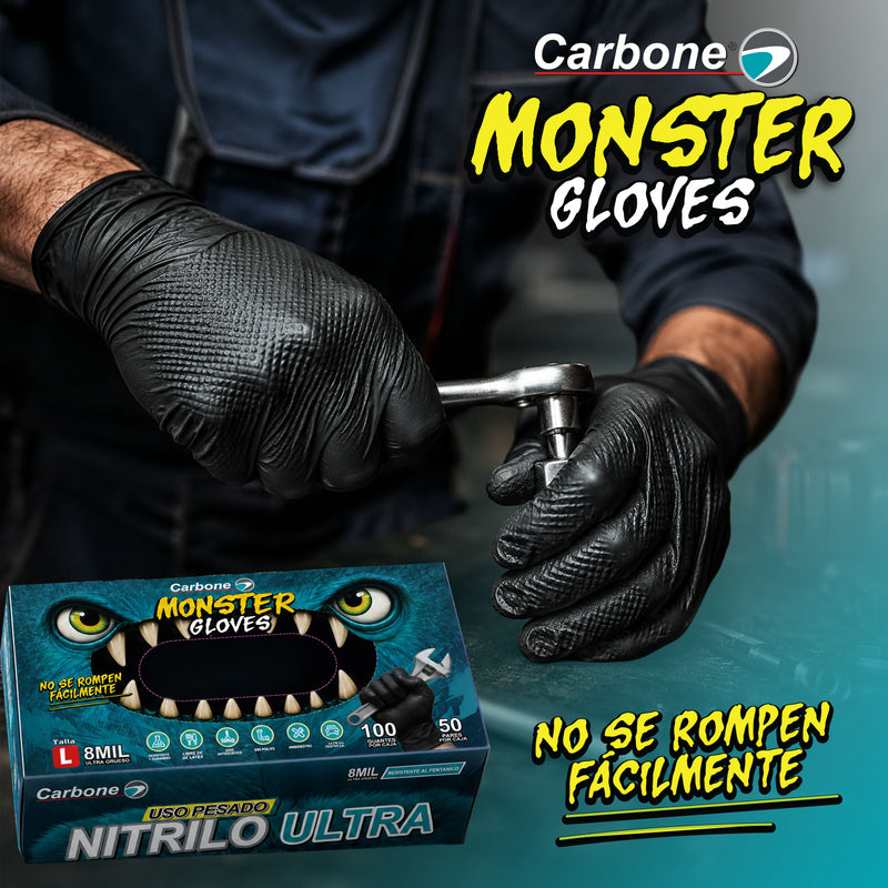 Guantes de Nitrilo Negros 8 Mil (0.20 mm) Monster Gloves Carbone. Ultra Resistentes y Difíciles de Romper.  Uso Industrial Mecánico y Automotriz. Caja 100 Unds Talla L