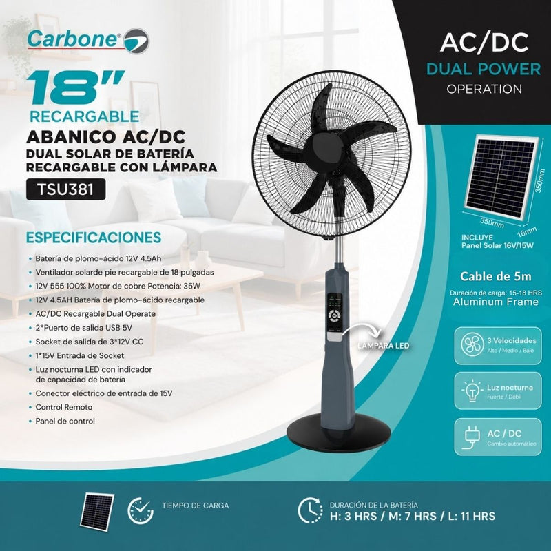 Abanico Solar de Pedestal Carbone de 18" Recargable AC/DC. Ventilador de 3 Velocidades con Lámpara LED y Batería 12V 4.5Ah