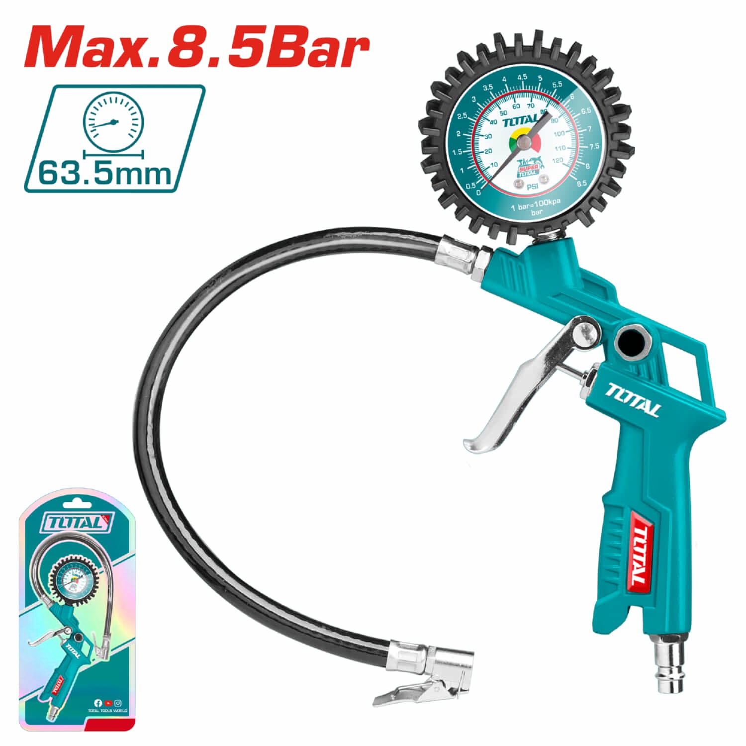 Pistola neumatica para inflar llantas. Max pressure: 8.5 Bar (120 PSI)