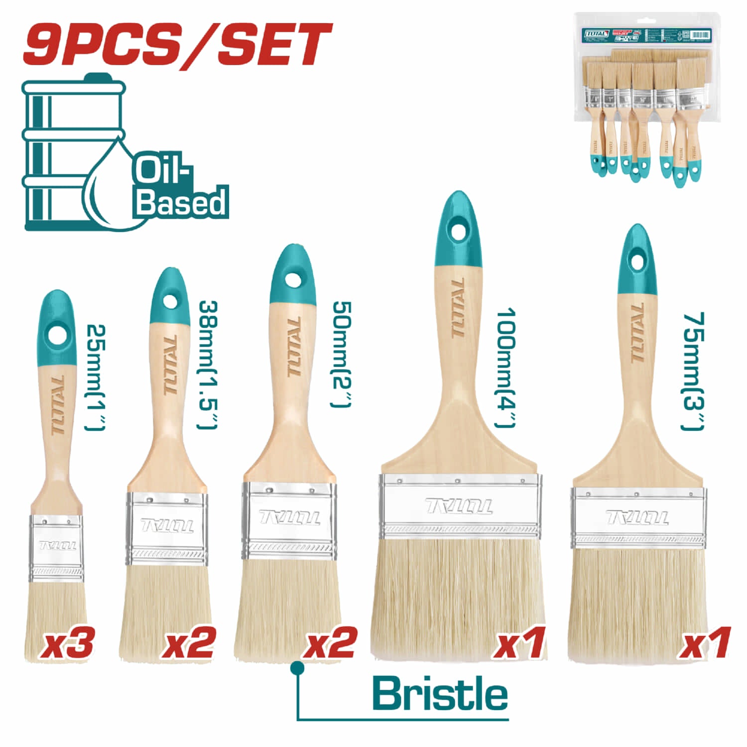 Juego de 9 brochas. Mango madera 3pcs  1", 2pcs  1.5", 2pcs   2" , 1pcs  3", 1pcs  4". Alta calidad