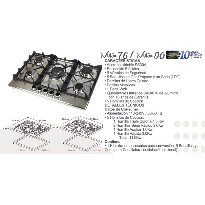 Estufa empotrable a gas Milan 76. Color Inox.