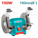 Esmeril de banco de 110-120V~60Hz. Potencia 150W. Velocidad Max. 3450 rpm. Rueda 150 mm ( 6" ).