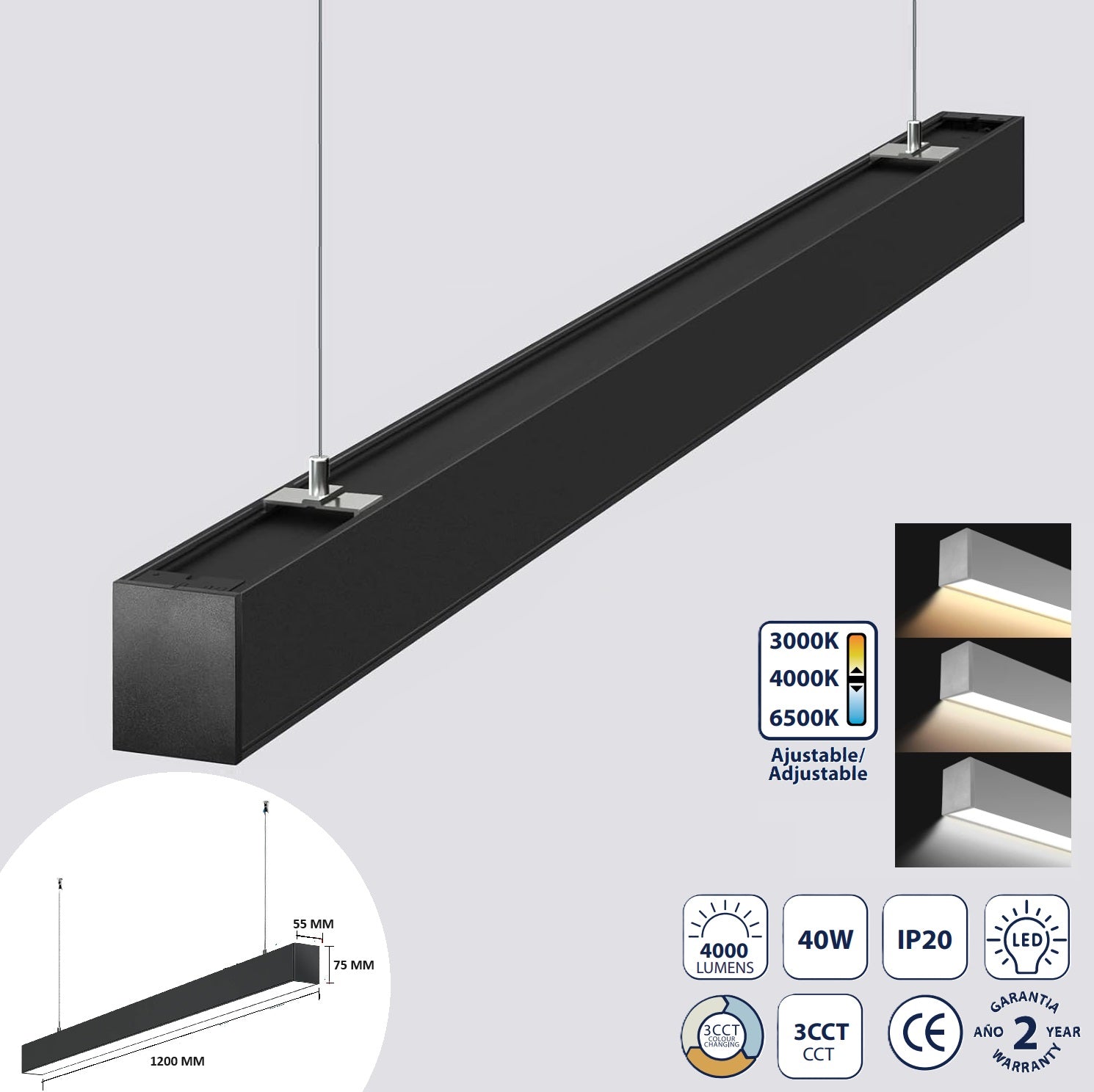 Lámpara Sistema Lineal colgante LED Negra 40W CCT 4000 lm. puede conectar Hasta 20 lámparas continuas