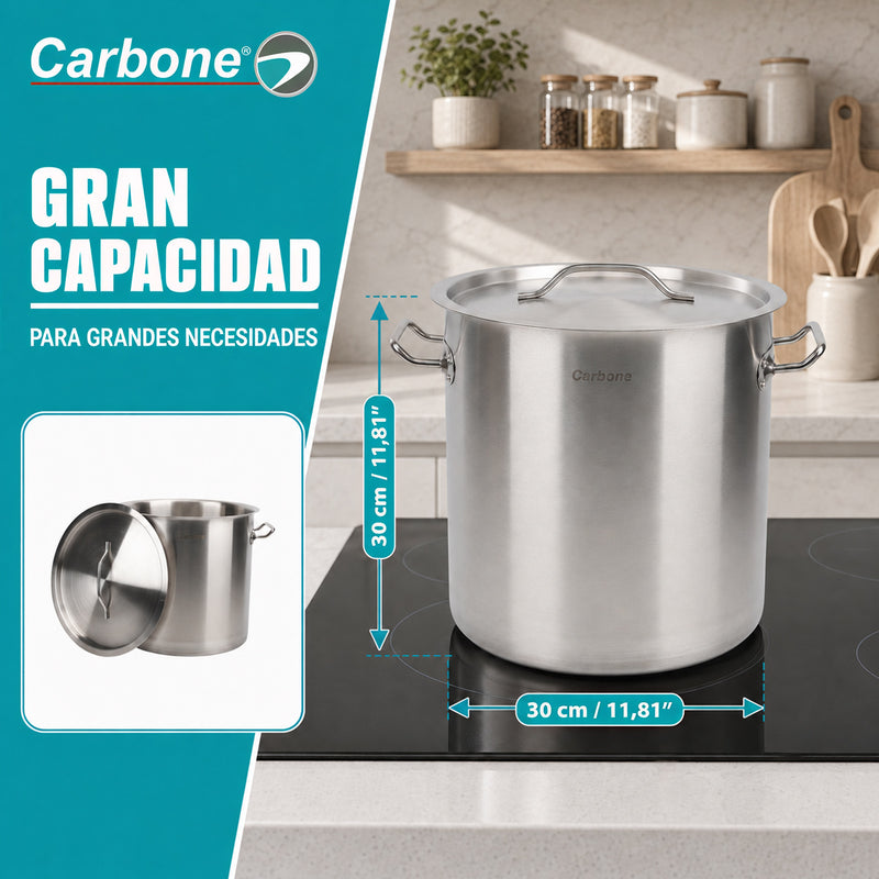 Olla de Acero Inoxidable 15 Lt de 30cm con Tapa. Cacerola Paila Multiusos con base de 3 capas. Compatible con Todo Tipo de Estufas.