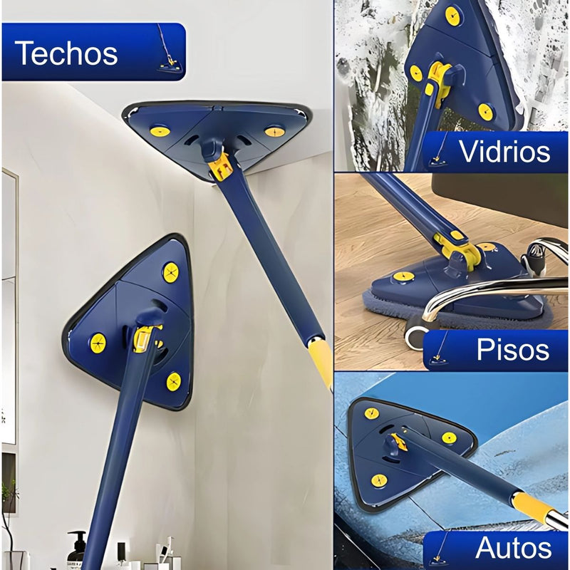 Trapeador Triangular Con Escurrido Automático Y Cabezal Giratorio 360°. Lampazo Con Mopa de Microfibra. Exprime Fácil.