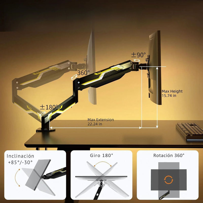 Soporte para Monitor computadora Ergonómico para Pantallas de hasta 32”. Brazo Articulado Ajustable 360°. ideal para Oficina y Gaming.